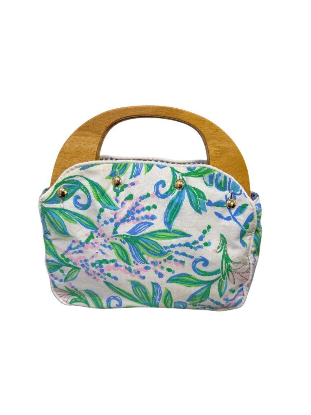 Lilly Pulitzer Wooden Handle Floral Canvas Tote Bag White Multicolor